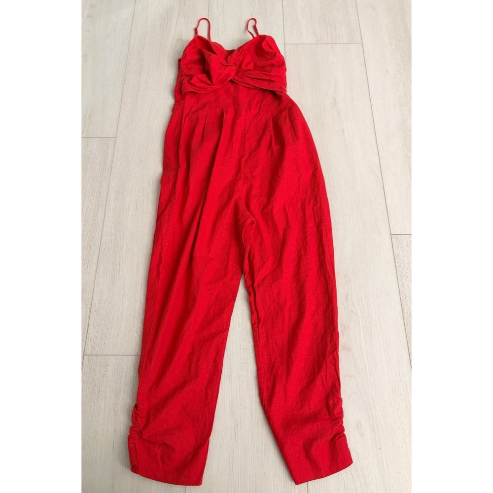 Farm Rio Cherry Red Linen Blend Jumpsuit Twist Front Cropped Leg Sz XS